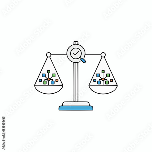 A vector graphic illustration of a scale with a clock and colorful squares representing balance and time management