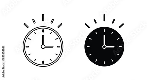 Black and white illustration of two clocks with sunburst lines on a plain white background.