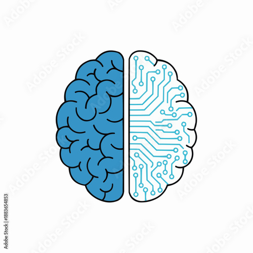 A vector graphic illustration of a brain divided into two halves, one side organic and the other side a circuit board, symbolizing the fusion of human and artificial intelligence.