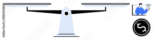 Balanced scale with money symbol and businessman holding a dollar sign representing financial decisions, wealth comparison, and investment strategies. Ideal for business, finance, economics, wealth