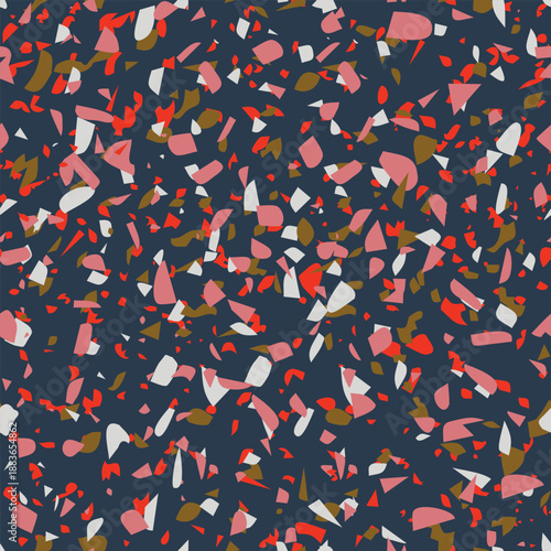 Geometric terrazzo seamless pattern. Abstract colourful modern background. Stone fashion design for web and print. Venetian tile, flooring home decor. Chaotic pastel texture.