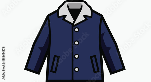 Flat illustration of a dark blue jacket with white collar and buttons on a plain white background.