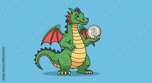 A cartoon green dragon with red wings holds a crystal ball on a light blue background with a playful and mystical mood.