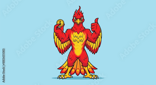 A vibrant, cartoon-style phoenix with red and orange plumage stands against a light blue background, with its wings spread and thumbs up.