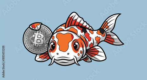 A cartoon koi fish holding a bitcoin coin in its mouth against a light blue background with a mix of orange, white, and black colors.