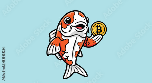 A cartoon koi fish holding a Bitcoin token against a light blue background with a mix of orange, white, and black colors.