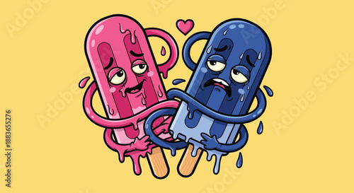 Cartoon illustration of a melting pink and blue ice cream duo with facial expressions on a yellow background.