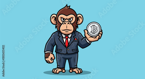 A cartoon monkey in a business suit holds a Bitcoin against a light blue background with a confident expression.
