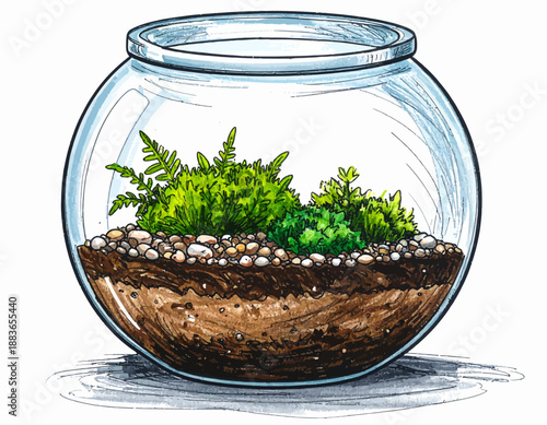 A delightful illustration of a terrarium, showcasing layers of soil, gravel, and vibrant green mosses and ferns within a clear glass bowl