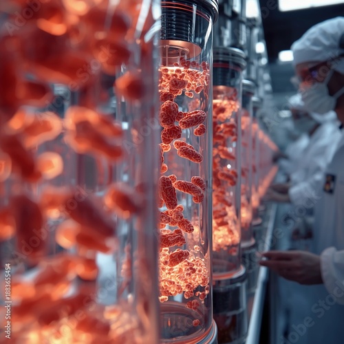 A scientist in a lab coat examines glowing virus samples in a futuristic laboratory setting.