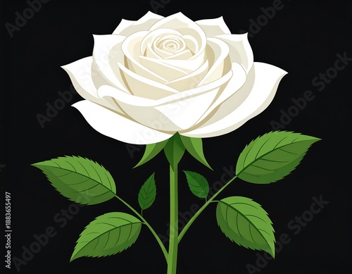 A pristine white rose with detailed petals and green stem/leaves against a deep black background. An elegant floral illustration