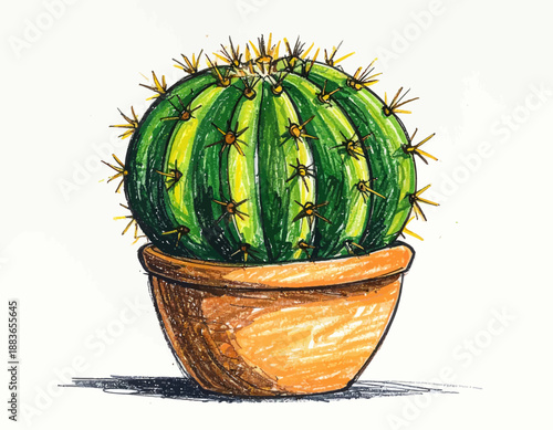 A charming and detailed hand-sketched illustration of a vibrant green cactus plant nestled in a warm terracotta pot, bringing a desert garden aesthetic to life with its spiky beauty