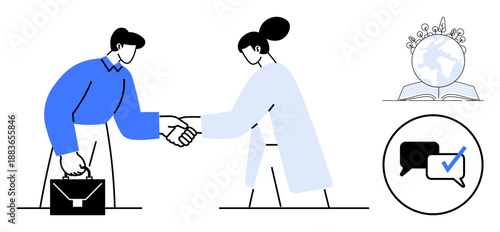 Two people shaking hands symbolizing partnership. Globe with book representing global education. Speech bubbles with checkmark for communication success. Ideal for teamwork, networking, education