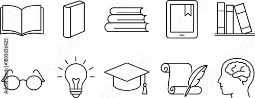 Set of black line icons representing education and learning including books, tablet, magnifying glass, graduation cap, globe, light bulb, bookshelf, laptop, and atom symbol. Minimalist outline icon se