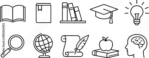 Set of black line icons representing education and learning including books, tablet, magnifying glass, graduation cap, globe, light bulb, bookshelf, laptop, and atom symbol. Minimalist outline icon se