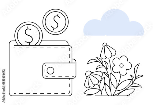 Financial growth, eco-investment, savings management, sustainability, nature conservation, wealth building. Wallet with coins next to flowers and a cloud. Financial growth and eco-investment concept