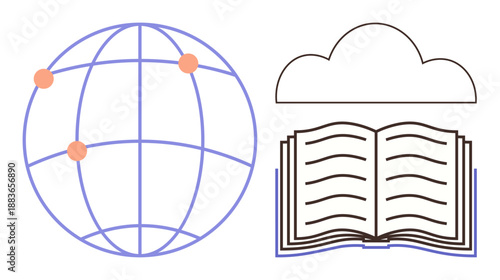 Education, knowledge sharing, cloud services, online learning, global connectivity, information technology. Globe with points, cloud outline open book. Education and knowledge sharing