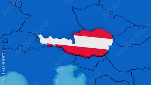 3D animation of Austria highlighted on Europe map with flag colors.