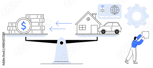Financial balance concept. Financial symbols balancing money and assets for savings and investments. Financial decisions in asset management, real estate, and planning. Ideal for fintech, banking