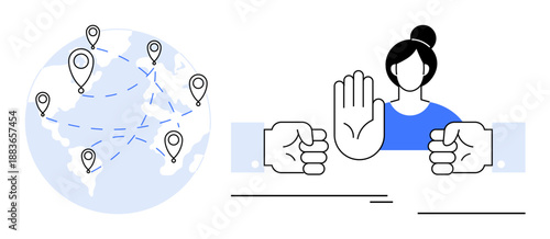 Globe with location pins and dotted paths representing global connections, paired with a woman gesturing stop to emphasize conflict resolution, boundaries, and mediation. Ideal for global teamwork