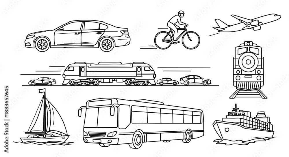 Fototapeta premium A vector graphic illustration of various transportation modes in a minimalist flat design style