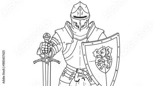 A medieval knight in armor holding a sword and shield with a lion emblem, standing heroically in a vector graphic illustration.