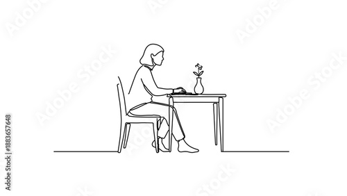 A minimalist line art illustration of a woman sitting at a desk with a laptop and a flower vase