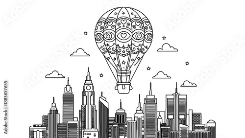 A black and white vector illustration of a hot air balloon flying over a city skyline with clouds