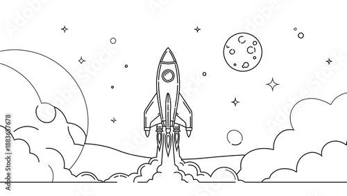 A vector graphic illustration of a rocket launching into space with clouds and stars