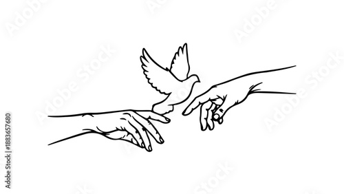 A minimalist line art illustration of two hands releasing a dove into the air