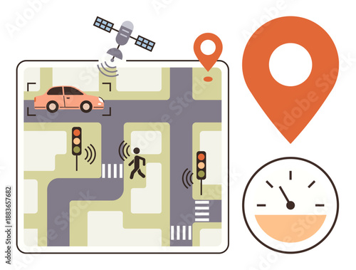 Smart city innovation, GPS tracking, autonomous vehicles, traffic management, road safety, urban planning. A car and pedestrian at an intersection with satellite and GPS icons. Smart city innovation