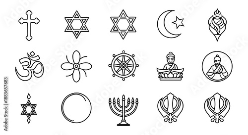 A collection of various religious symbols in a minimalist line art style