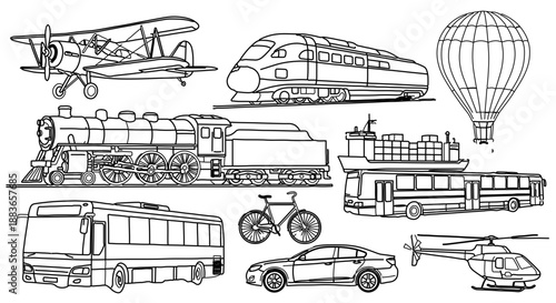 A collection of various transportation vehicles in a minimalist line art style