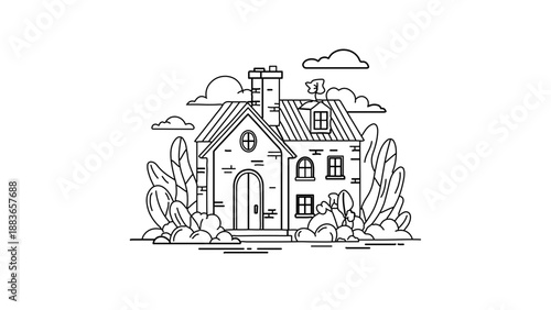 A minimalist line art illustration of a house with a chimney and garden