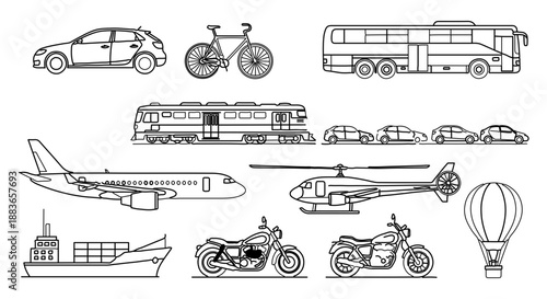 A collection of various transportation vehicles in a simple line art style