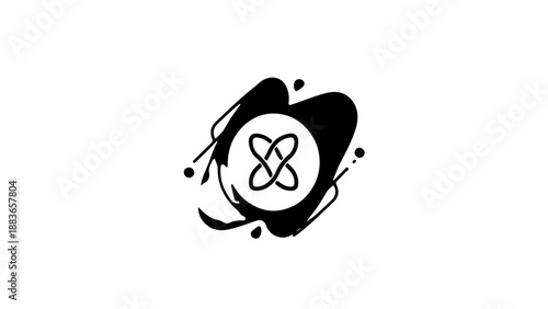 A minimalist vector graphic of a stylized symbol surrounded by abstract black swirls and dots on a white background