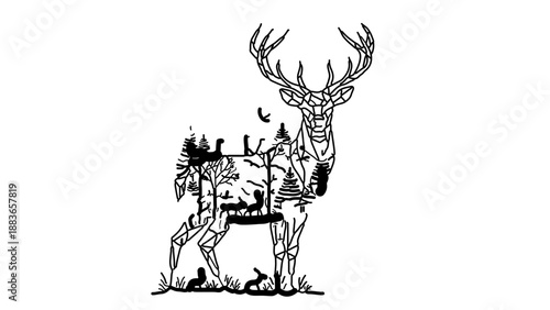 A minimalist black and white vector illustration of a deer and a skeleton in a forest clearing