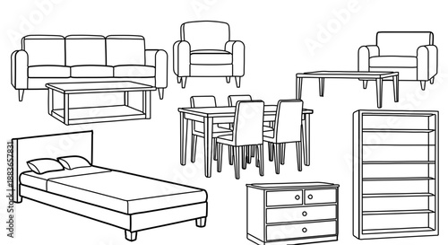 A minimalist line art illustration of various furniture pieces including a sofa, armchair, bed, dining table, and dresser