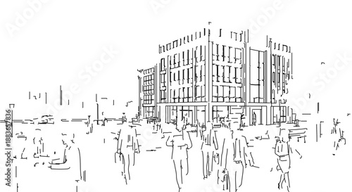 A minimalist line art illustration of a large building with people walking around it