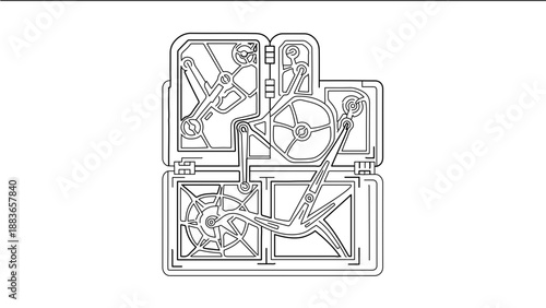 A minimalist line art illustration of a complex mechanical device in a flat design style
