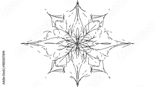 A delicate black and white snowflake illustration with intricate design