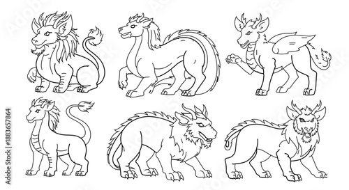 A set of seven mythical creatures in a minimalist line art style