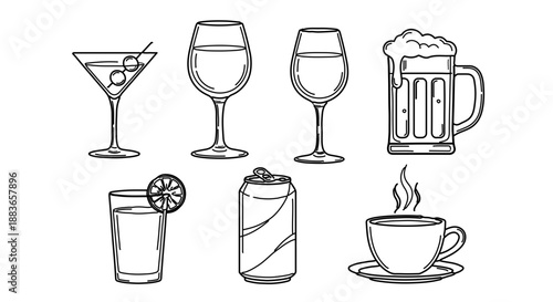 A set of eight vector icons depicting various types of drinks in a minimalist line art style