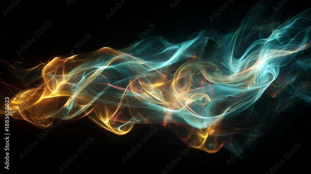 Obraz premium Vibrant, swirling clouds of blue and orange smoke abstractly flowing across a dark background in a mesmerizing, dreamlike, surrealistic artistic style, conveying energy and movement.