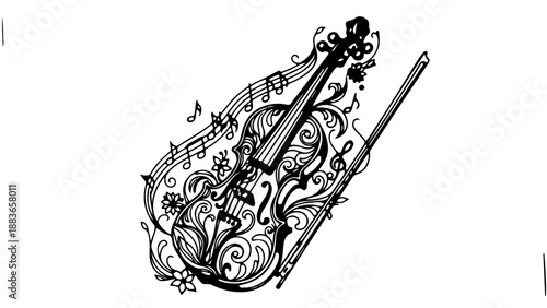 A beautiful vector illustration of a violin and bow surrounded by musical notes and ornate floral designs