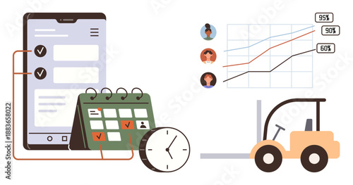 Productivity planning, logistics management, time tracking, supply chain analytics, project scheduling, remote work efficiency. Smartphone with tasks, calendar graphs forklift. Productivity