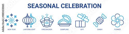 Seasonal Celebration web banner icon vector illustration concept with icon of new year, lantern light, firecracker, dumpling, gift, candy, and flower.