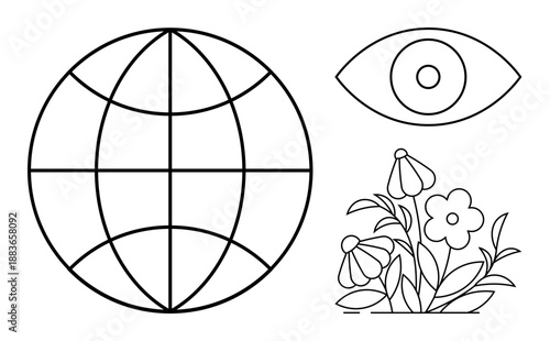 Global connectivity, observation, nature, sustainability, eco-awareness, growth. A globe, an eye and flowers in black-and-white line art. Global connectivity and observation concepts