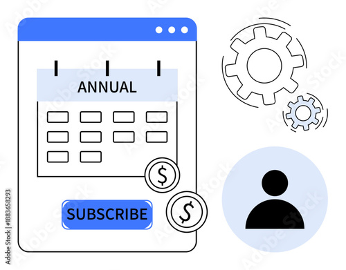 E-commerce, business planning, online services, subscription management, customer retention, automation. Annual plan calendar, dollar coin symbols and gear mechanism. E-commerce and business