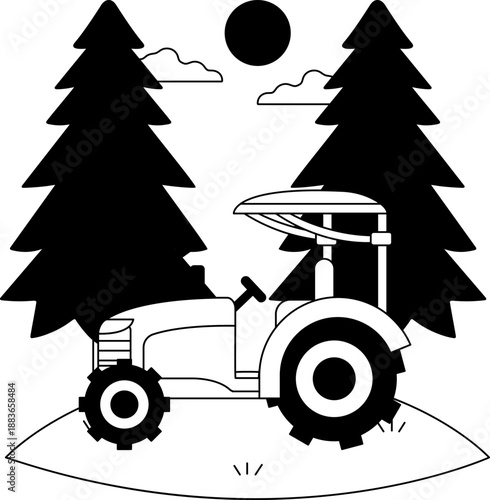 black and white illustration of A tractor is in a field